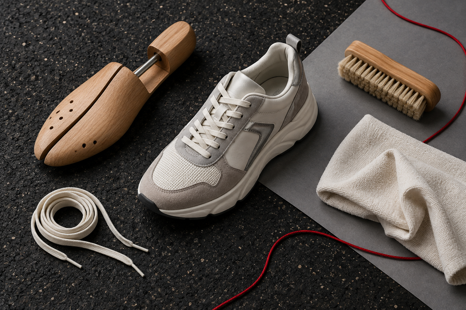 Sneaker senza marchi con spazzola, panno, lacci e forma in legno
