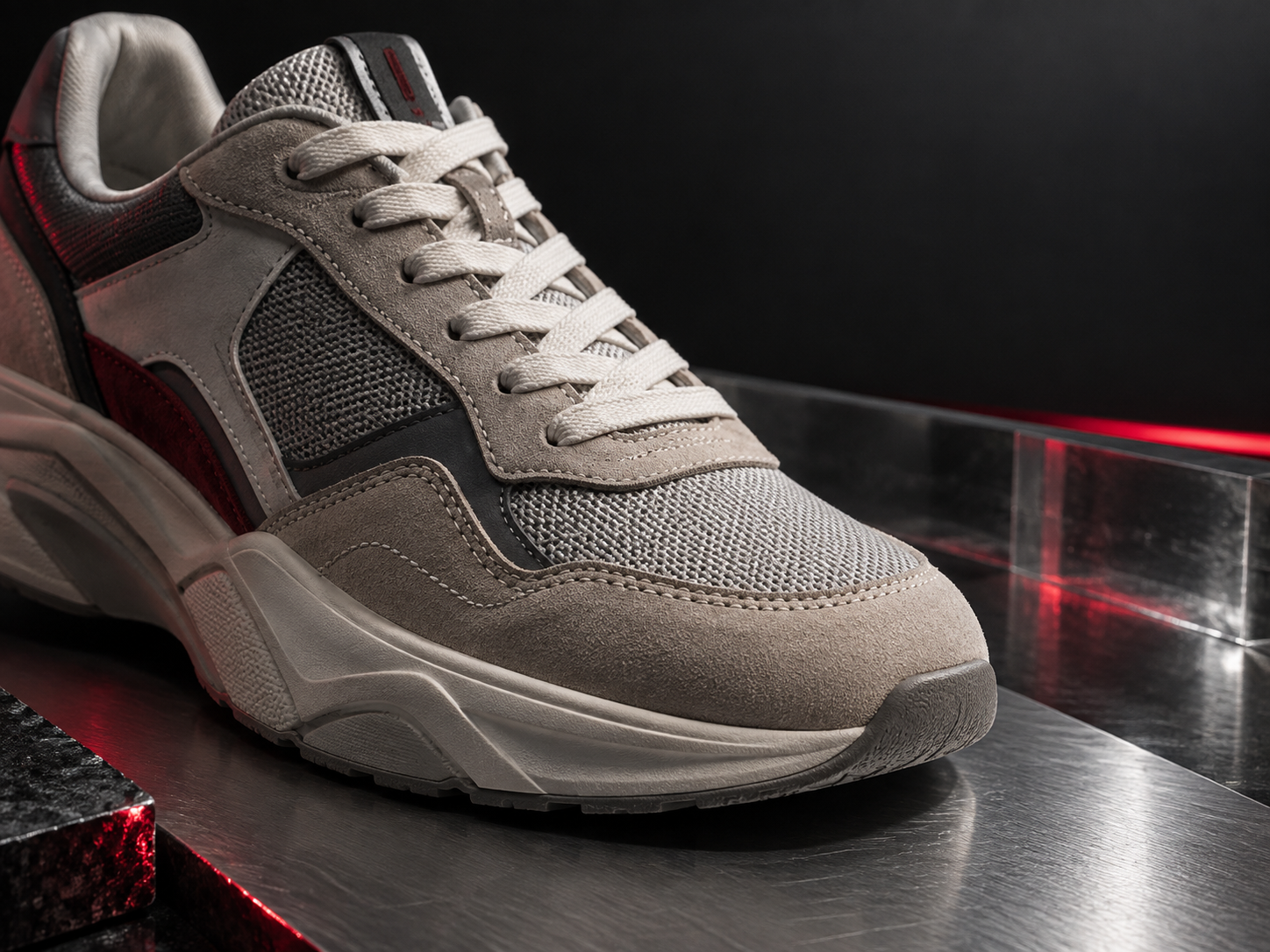 Dettaglio senza marchi di lacci, pannelli cuciti e suola di una sneaker