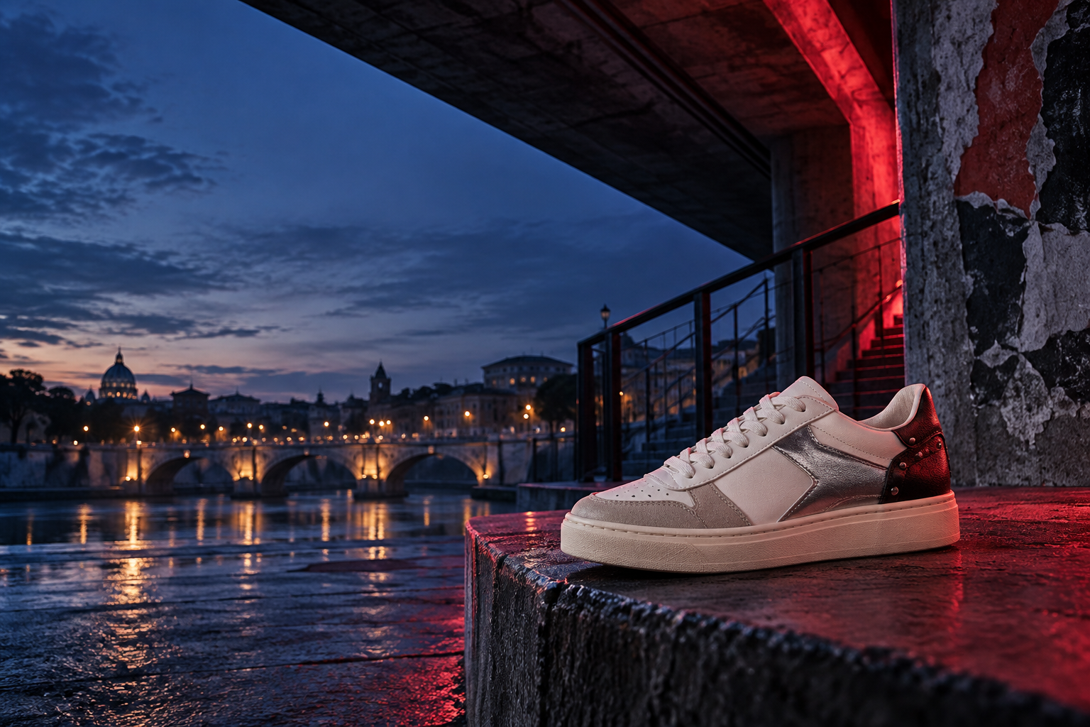 Sneaker da donna senza marchi in una scena urbana serale