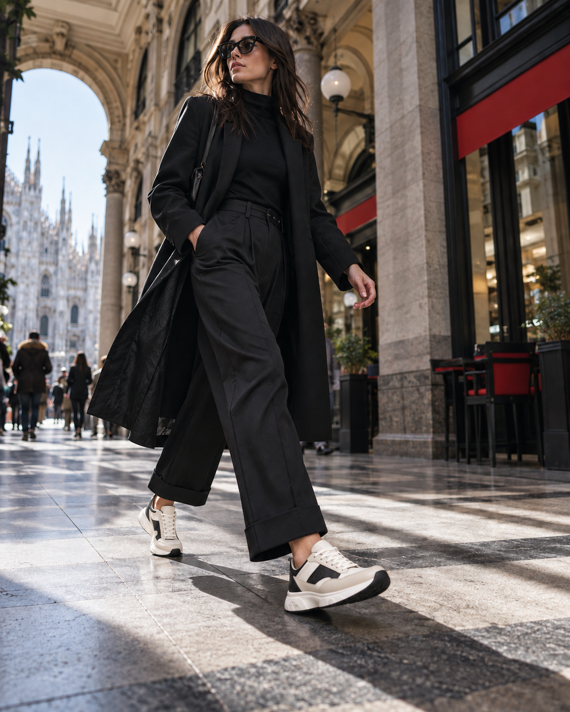 Donna in abito nero con sneaker senza marchi in una galleria urbana italiana